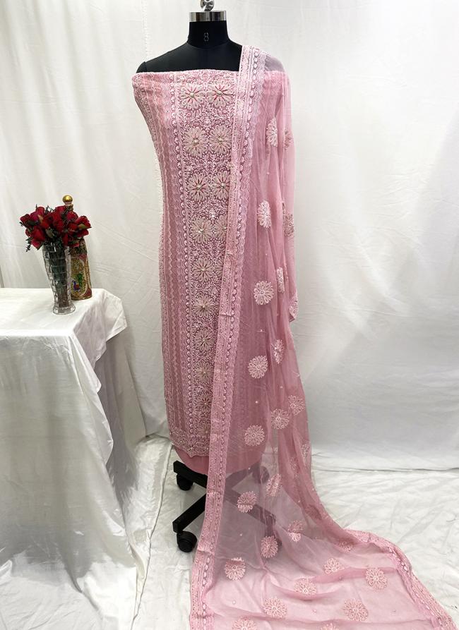 Georgette Pink Wedding Wear Lucknowi Embroidery Dress Material